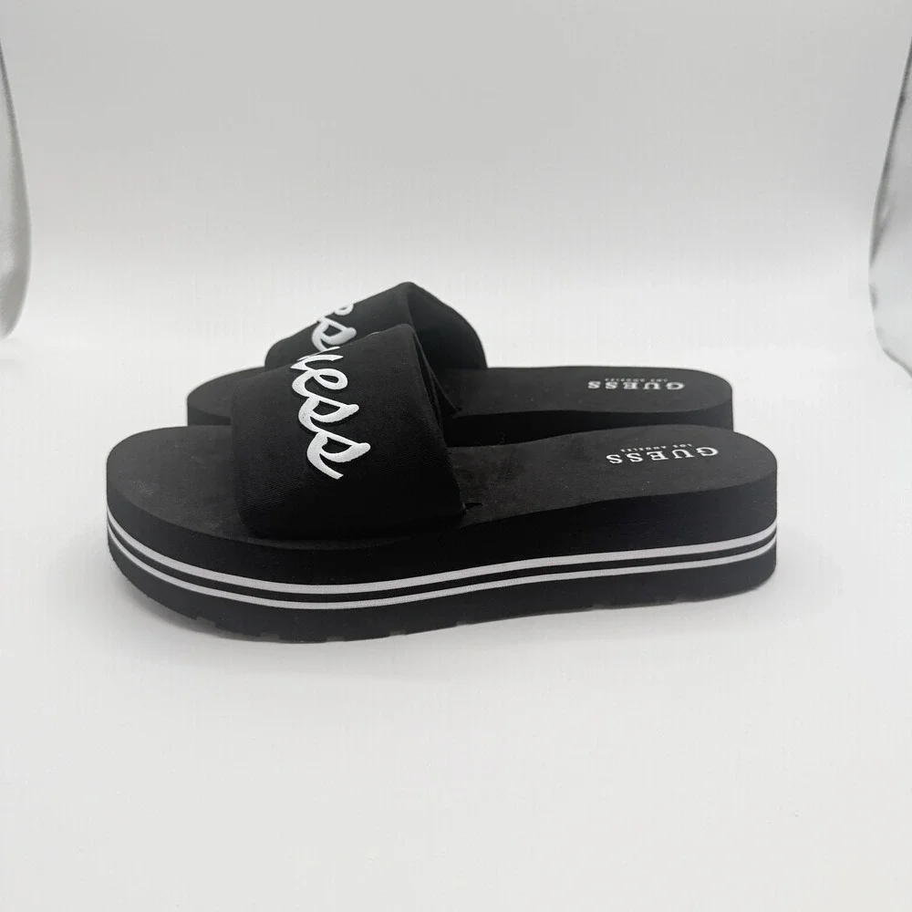Guess Slide Sandals Womens 8 Black Script Logo Striped Foam Platform Y2K